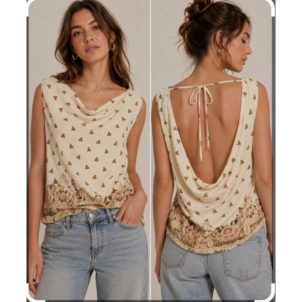 Free People Silas Cream Floral Paisley Cowl Neck Sleeveless Boho Top Small #110